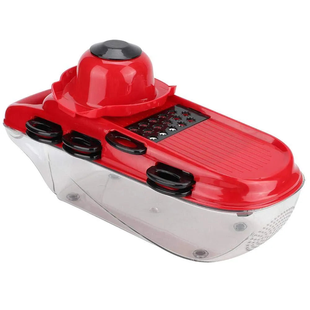 Red multi-function vegetable cutter with seven stainless steel blades and plastic body