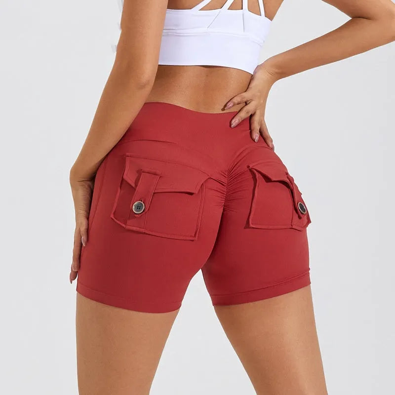Women's high waist hip lifting shorts with pockets in various colours for fitness activities