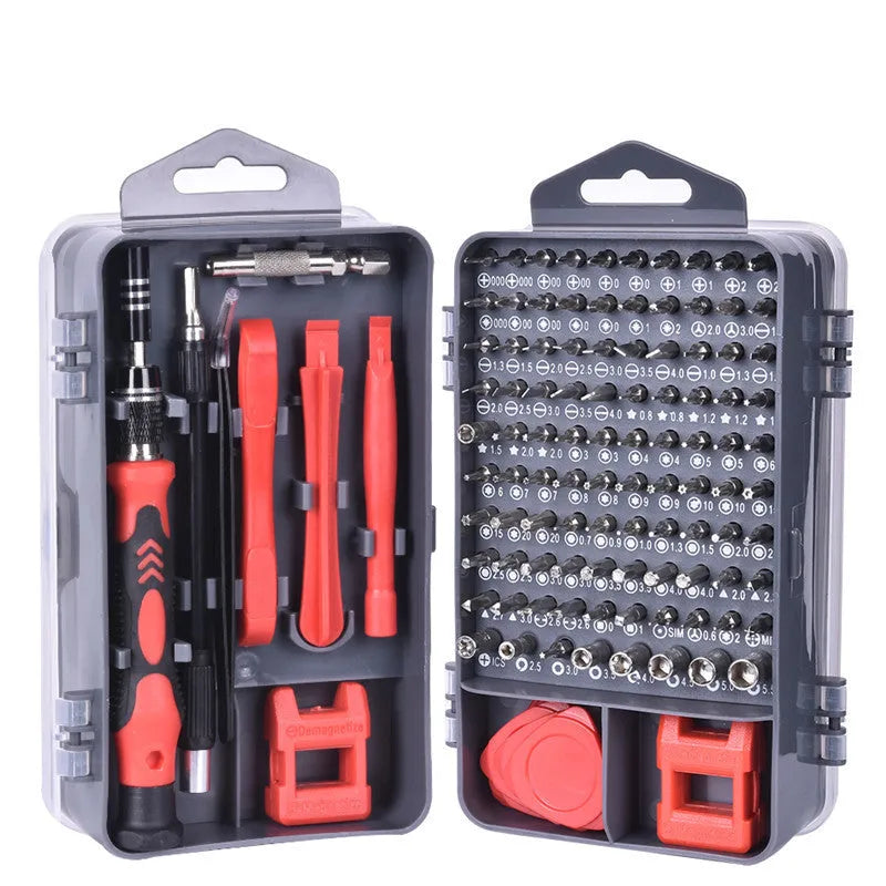117 in 1 magnetic CRV screwdriver bit set with flexible extension in black, blue, or red case