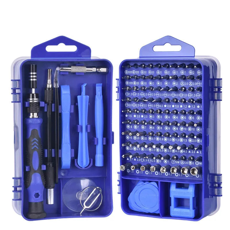 117 in 1 magnetic CRV screwdriver bit set with flexible extension in black, blue, or red case