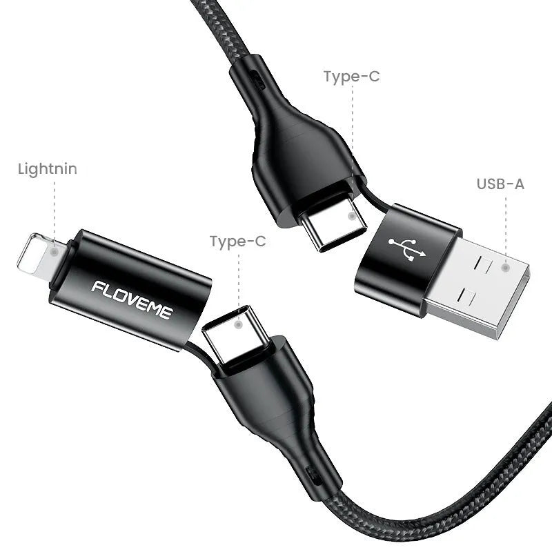 Black nylon braided 4-in-1 data cable with multiple connection types