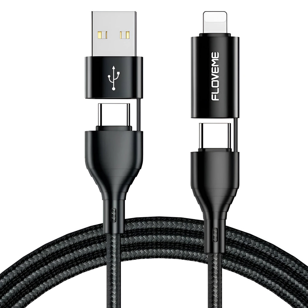 Black nylon braided 4-in-1 data cable with multiple connection types