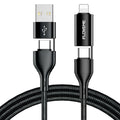 Black nylon braided 4-in-1 data cable with multiple connection types