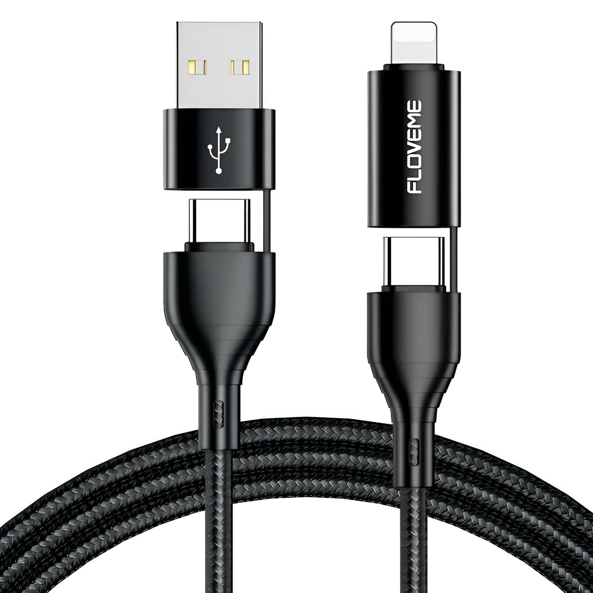 Black nylon braided 4-in-1 data cable with multiple connection types