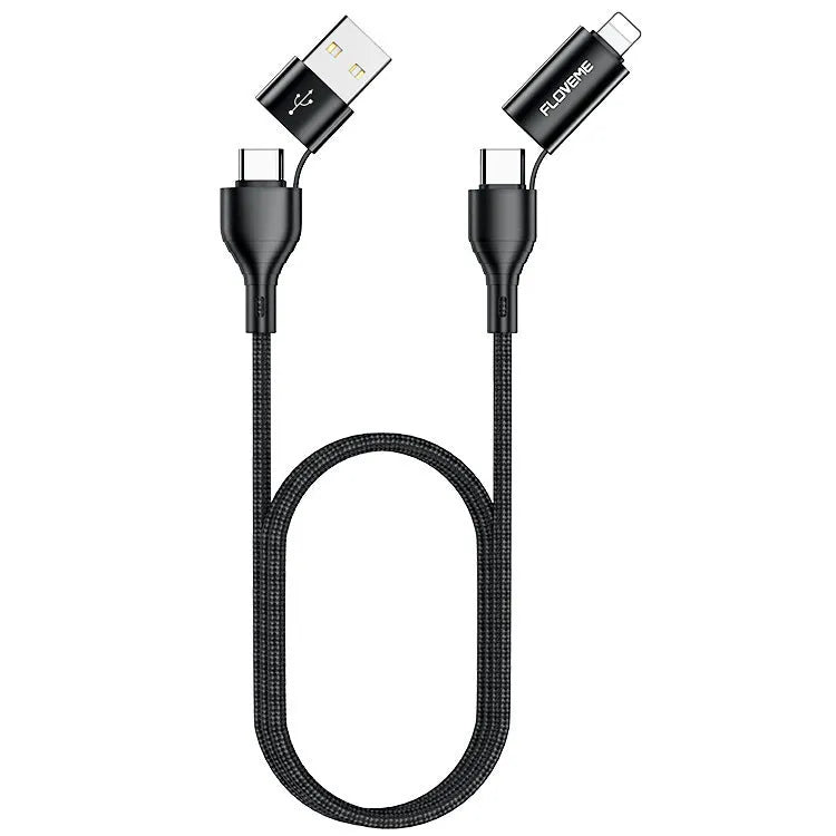 Black nylon braided 4-in-1 data cable with multiple connection types