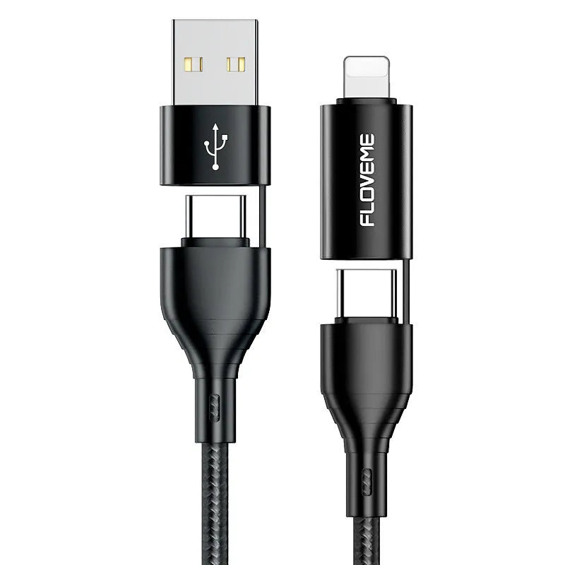 Black nylon braided 4-in-1 data cable with multiple connection types