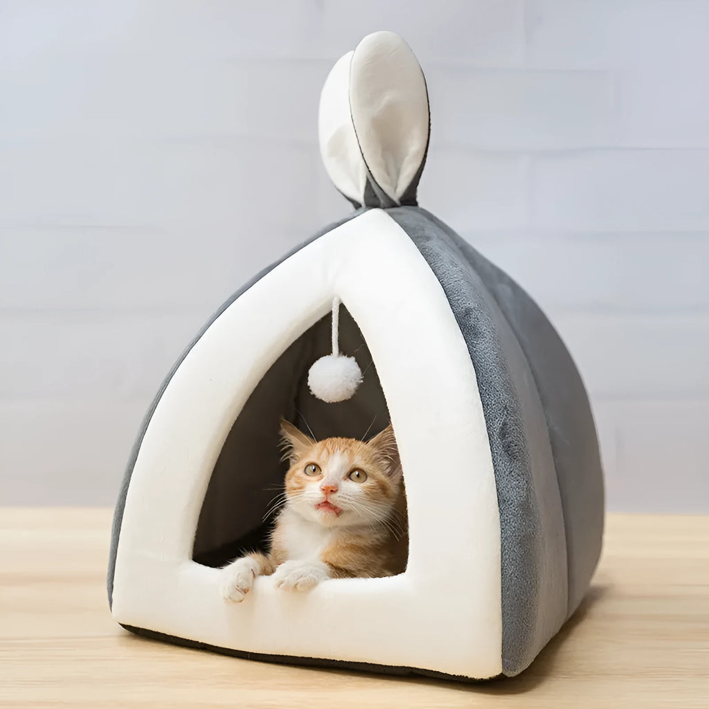 Grey cloth cat house villa pet bed for indoor use with enclosed design.