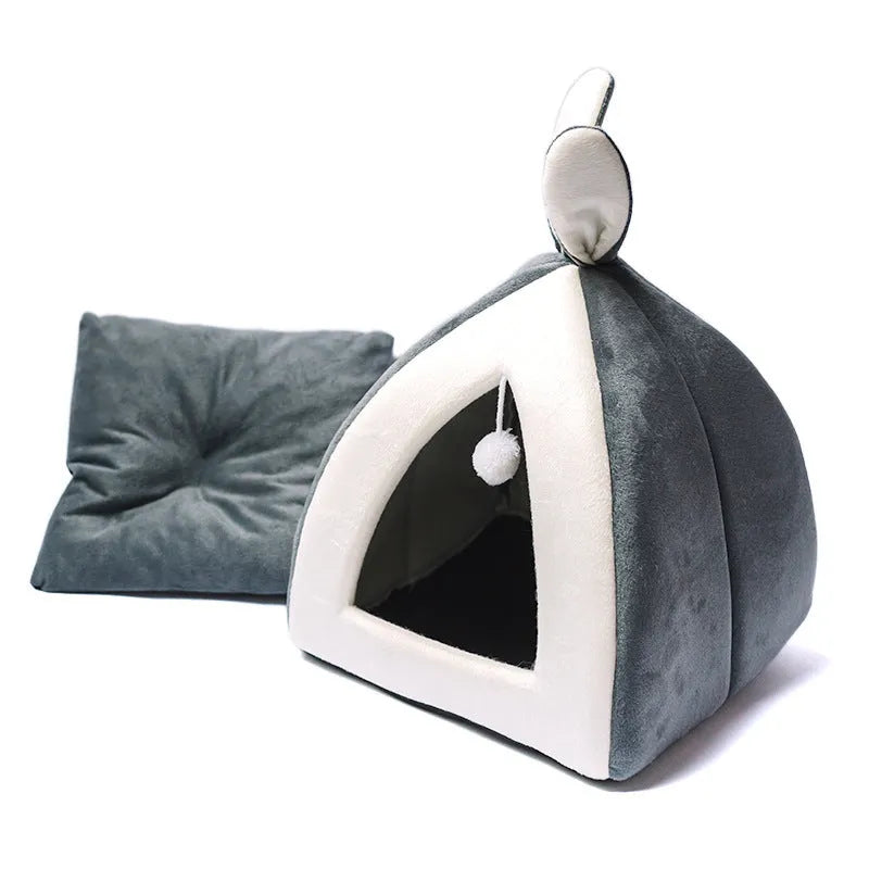 Grey cloth cat house villa pet bed for indoor use with enclosed design.