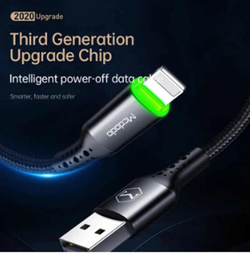 Black Apple iPhone charger cable with dual-colour LED light showing smart power-off technology