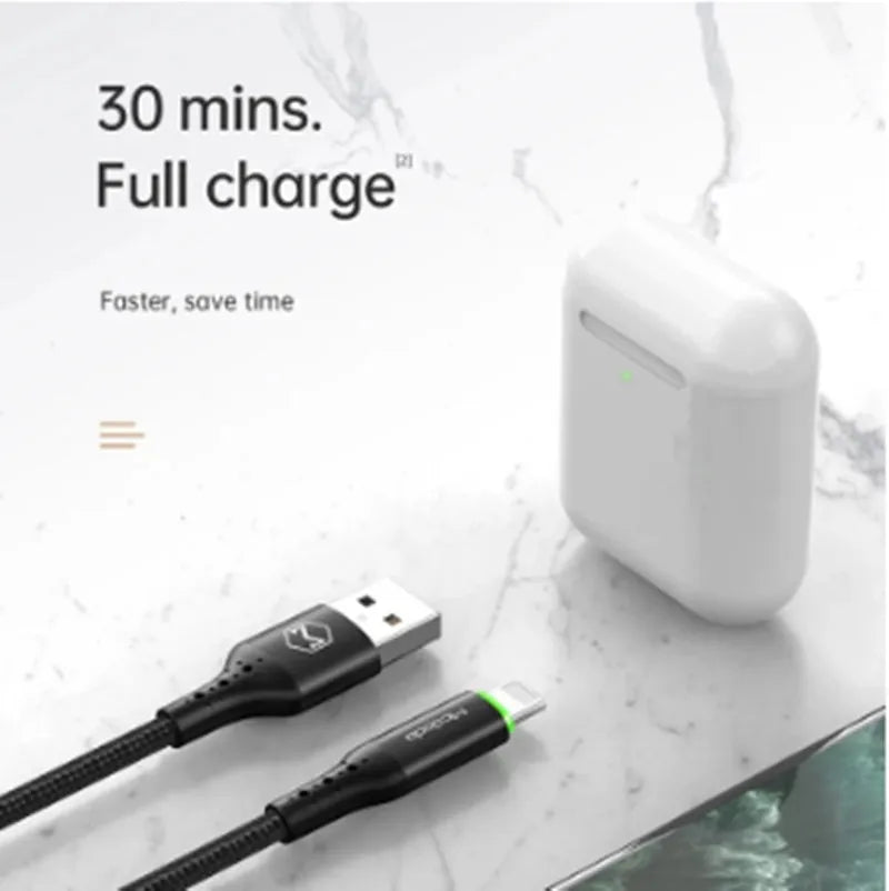 Black Apple iPhone charger cable with dual-colour LED light showing smart power-off technology