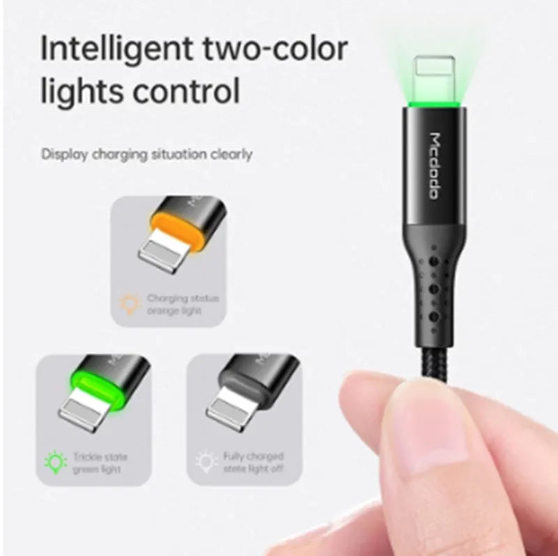Black Apple iPhone charger cable with dual-colour LED light showing smart power-off technology
