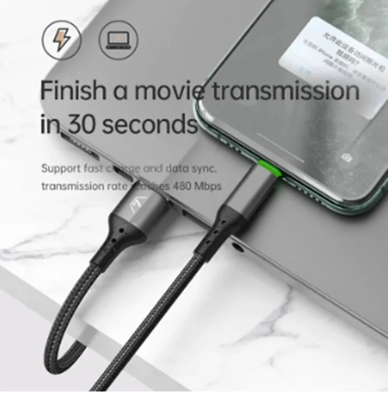 Black Apple iPhone charger cable with dual-colour LED light showing smart power-off technology