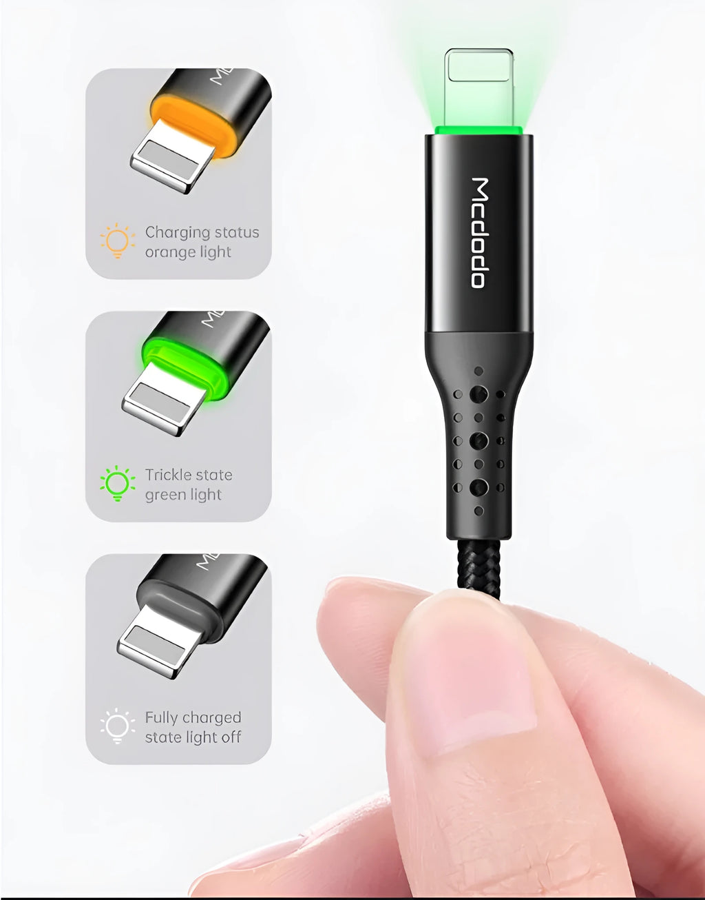 Black Apple iPhone charger cable with dual-colour LED light showing smart power-off technology