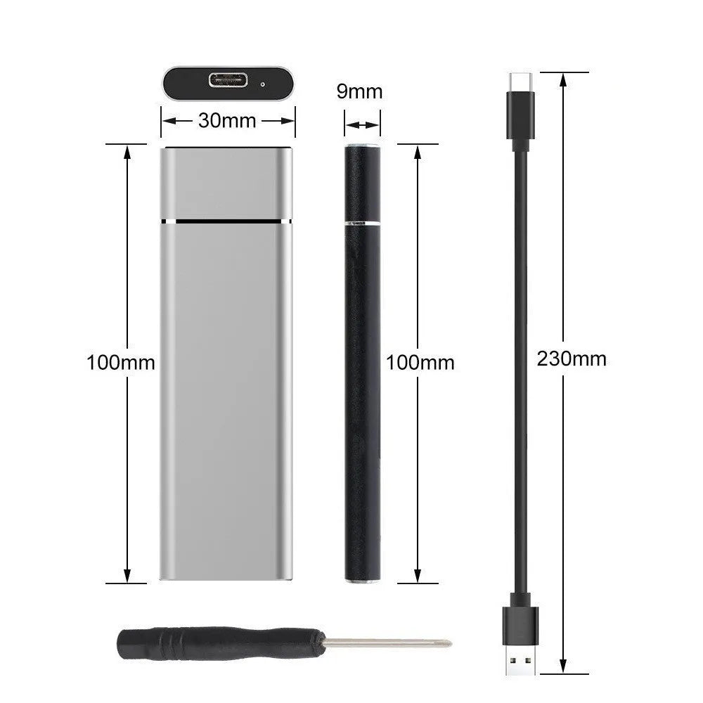 Silver aluminium alloy M.2 NGFF to USB3.1 SSD enclosure, mobile hard disk box with data cable and screwdriver
