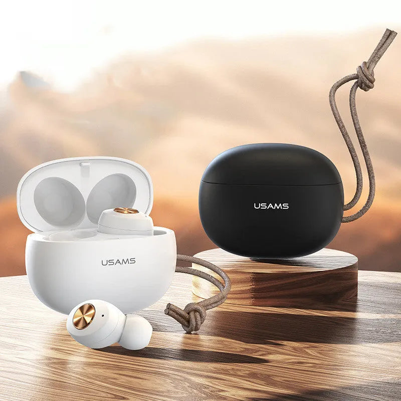 Wireless Bluetooth mini TWS earbuds with charging case in black, white, or dark green colours