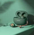 Wireless Bluetooth mini TWS earbuds with charging case in black, white, or dark green colours