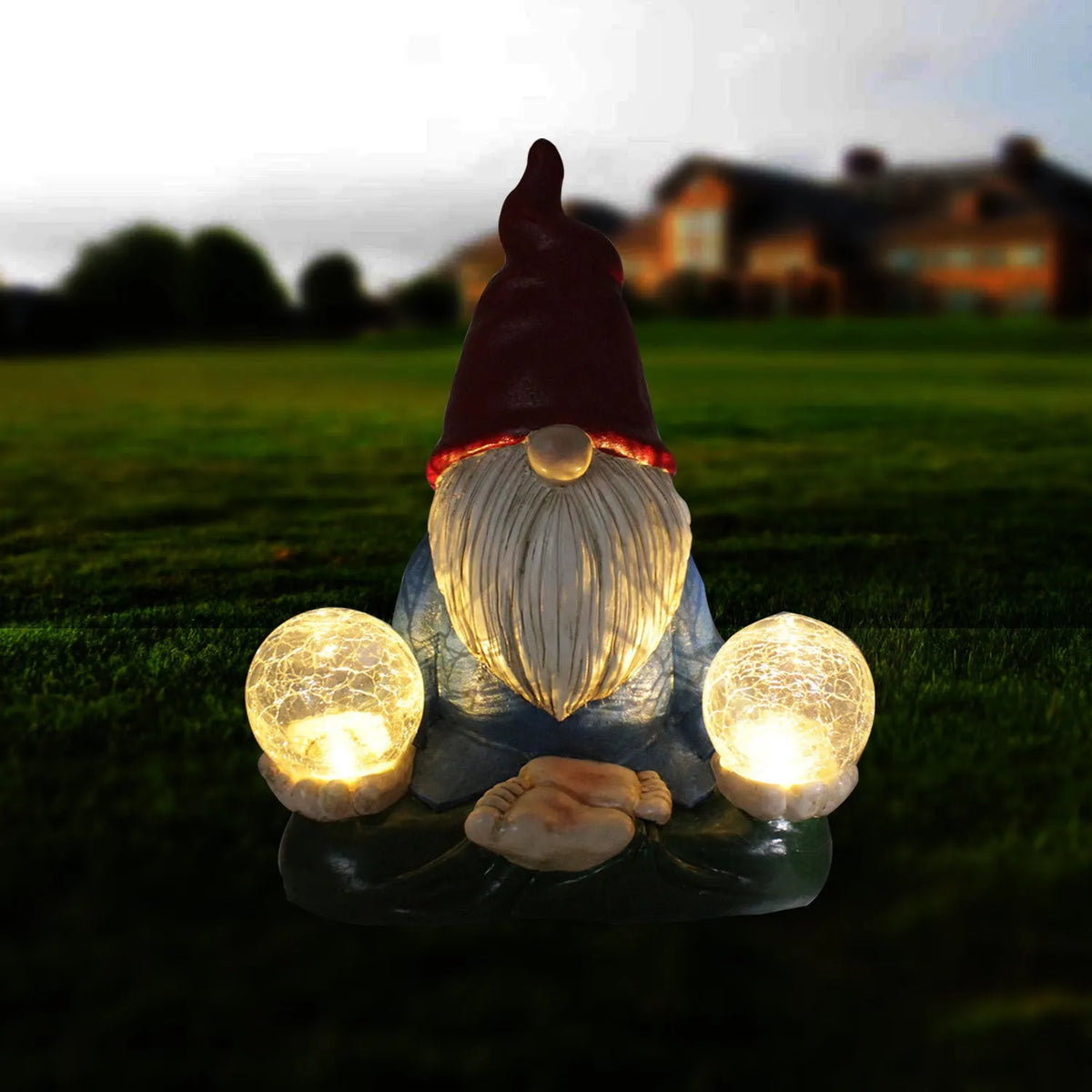 Solar LED resin dwarf garden statue with faceless old man design on grass