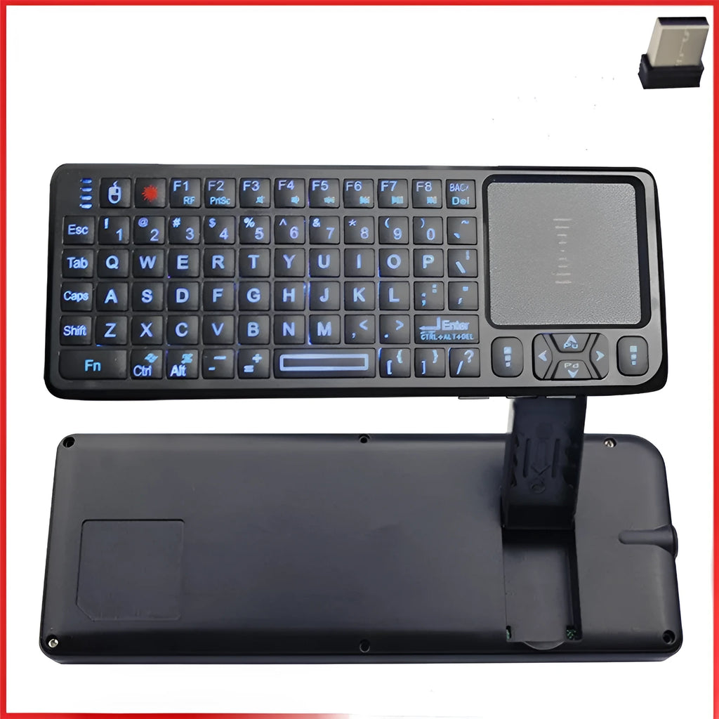 Black wireless laser teaching mini keyboard with touch screen showing compact dimensions
