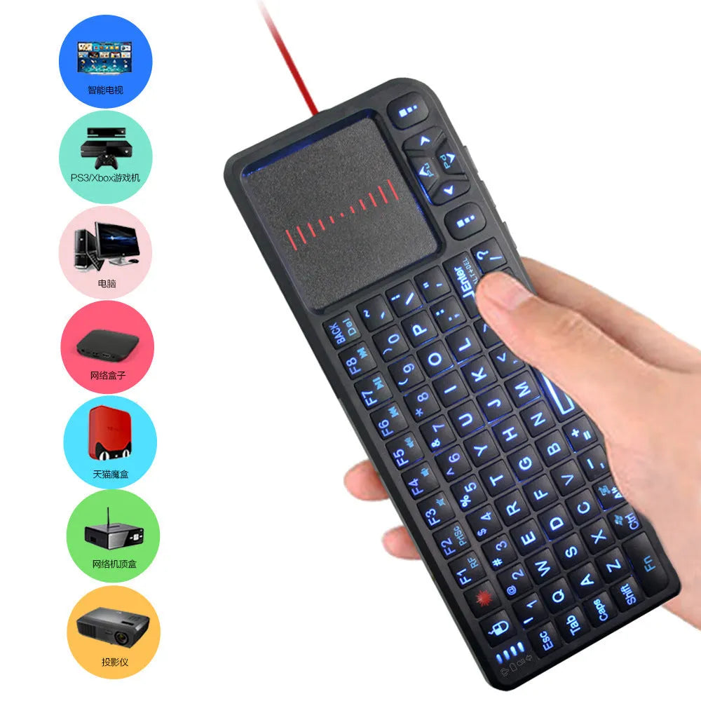 Black wireless laser teaching mini keyboard with touch screen showing compact dimensions