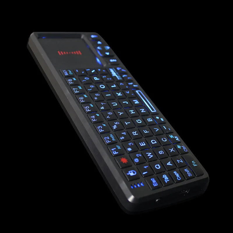 Black wireless laser teaching mini keyboard with touch screen showing compact dimensions