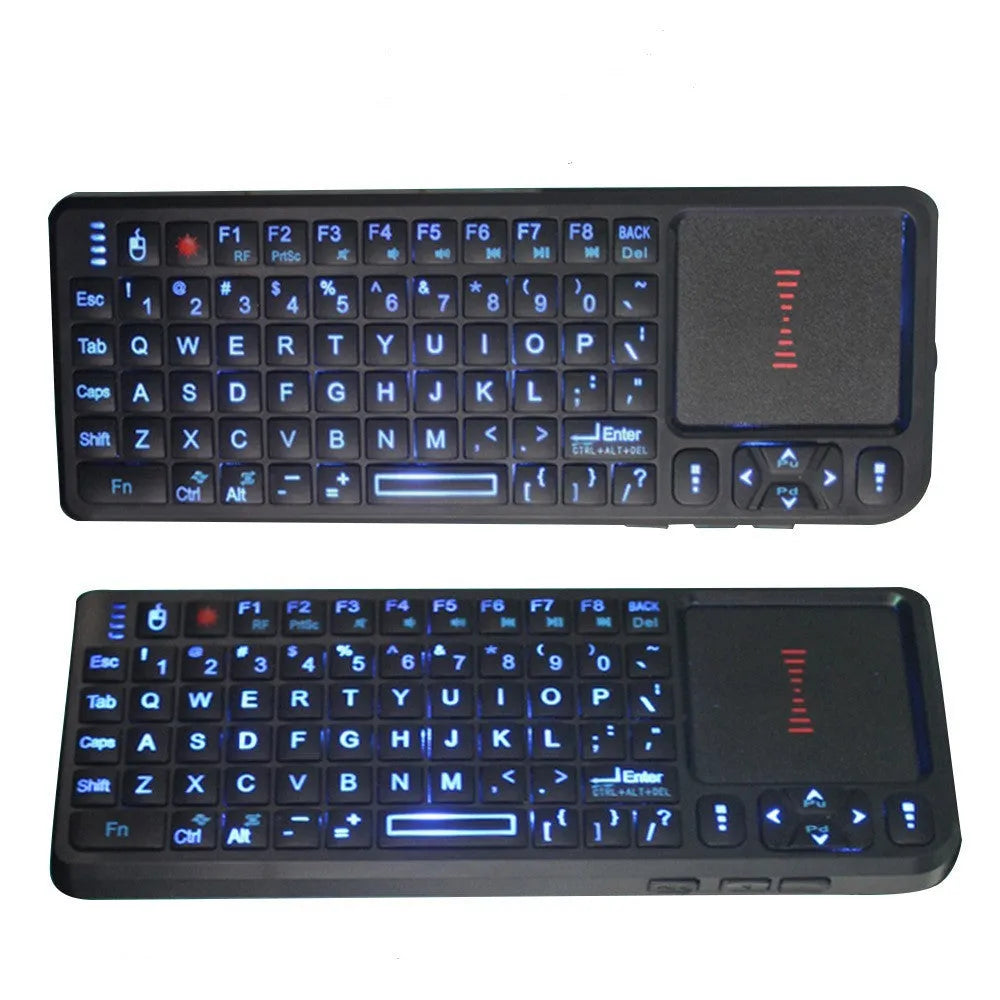 Black wireless laser teaching mini keyboard with touch screen showing compact dimensions