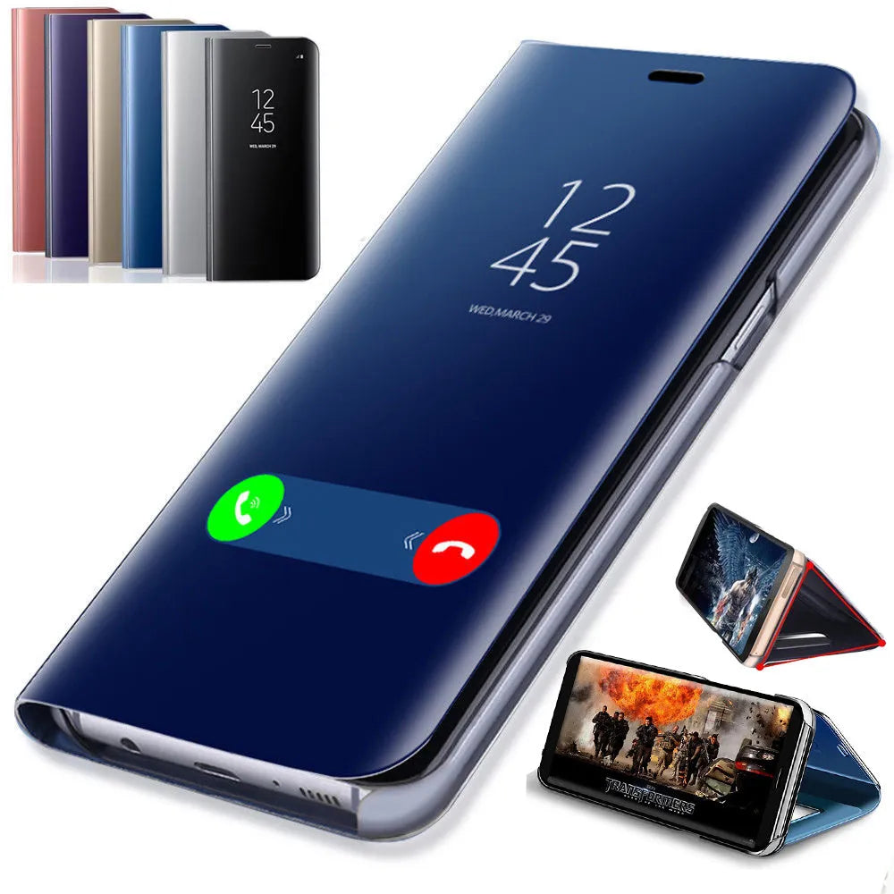 Samsung Galaxy mirror flip phone case in black showing the kickstand and front cover with mirror.