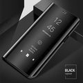 Samsung Galaxy mirror flip phone case in black showing the kickstand and front cover with mirror.