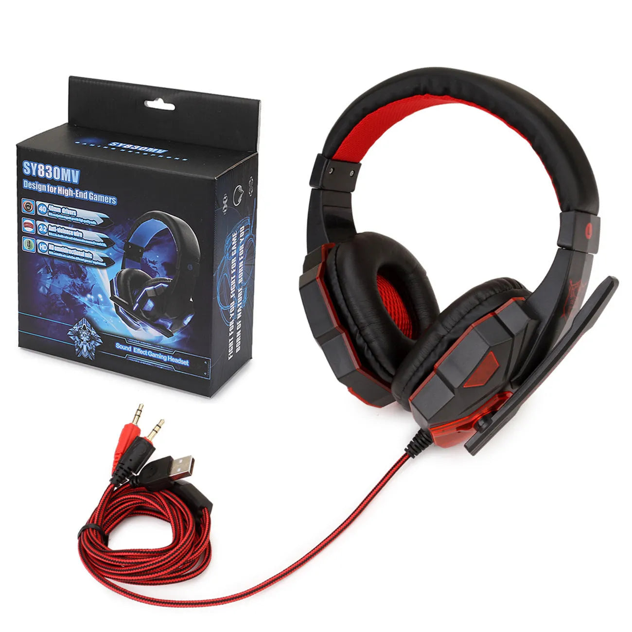 Wired light-up gaming headset for PS4 and PC with tanned leather earmuffs in black and blue.