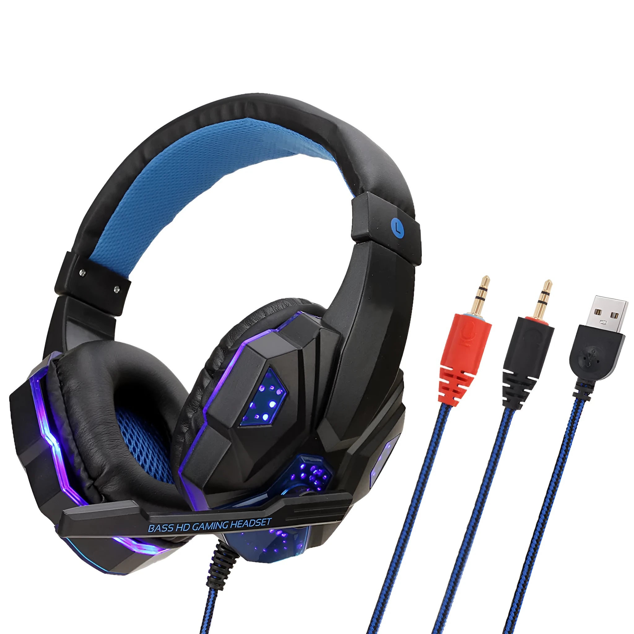 Wired light-up gaming headset for PS4 and PC with tanned leather earmuffs in black and blue.