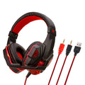 Wired light-up gaming headset for PS4 and PC with tanned leather earmuffs in black and blue.