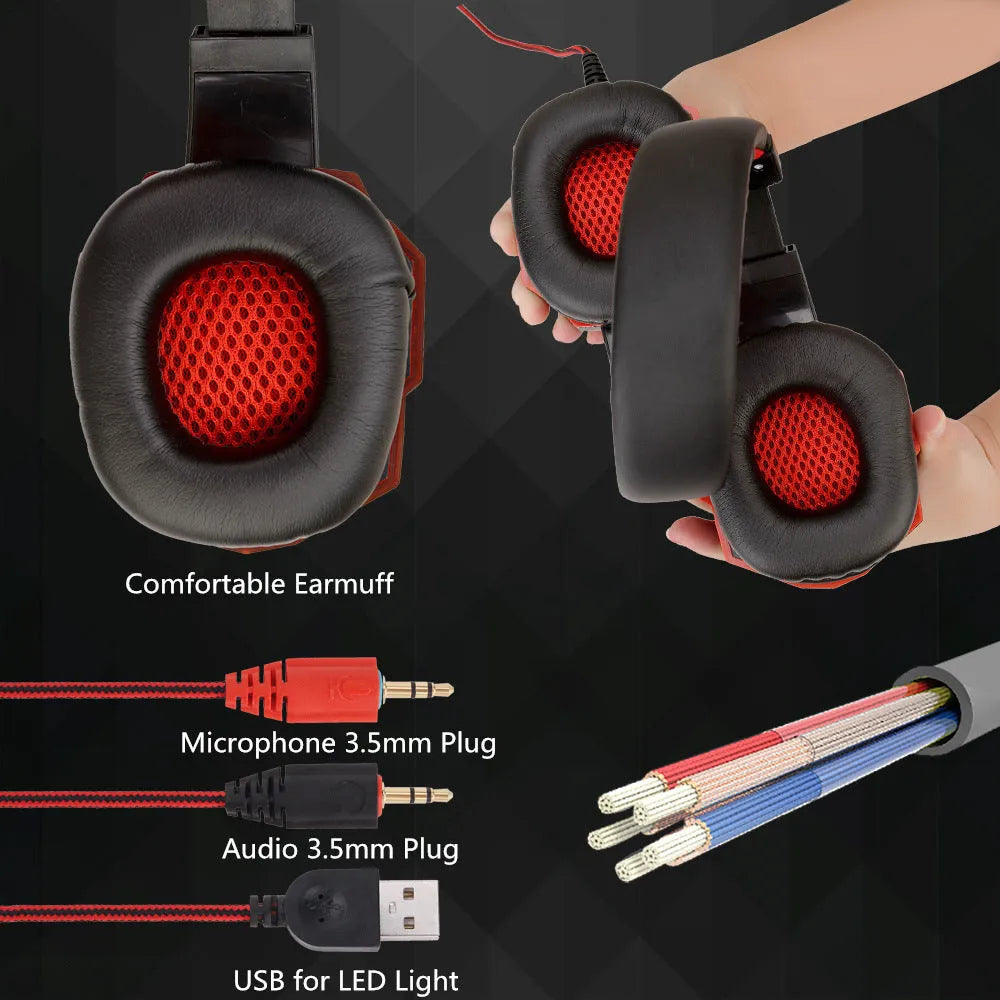 Wired light-up gaming headset for PS4 and PC with tanned leather earmuffs in black and blue.