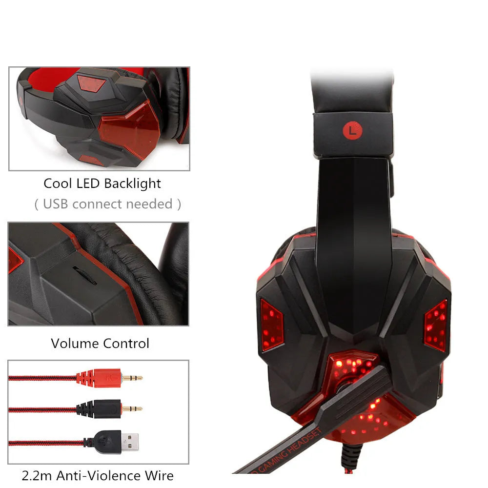 Wired light-up gaming headset for PS4 and PC with tanned leather earmuffs in black and blue.
