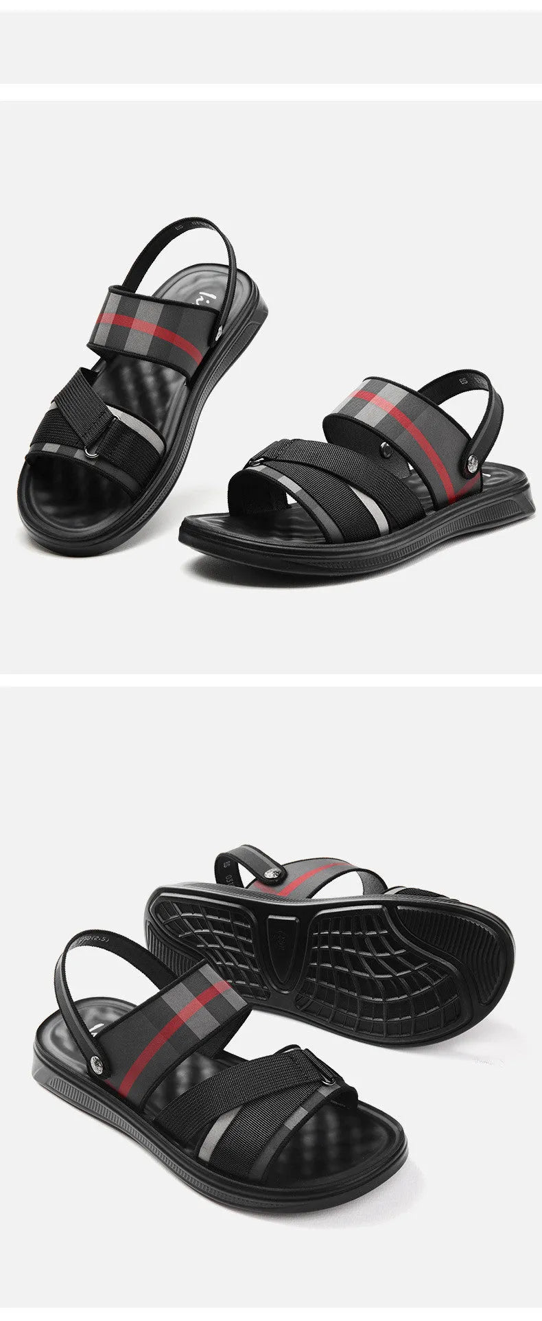 Youth leisure sports sandals with Lycra upper and polyurethane sole shown with international size chart.