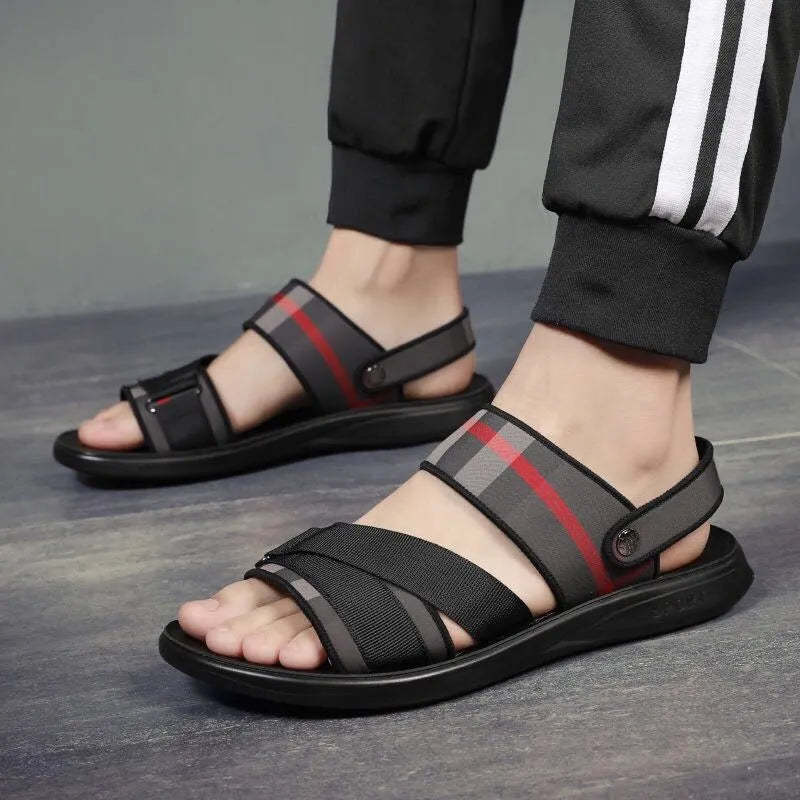 Youth leisure sports sandals with Lycra upper and polyurethane sole shown with international size chart.