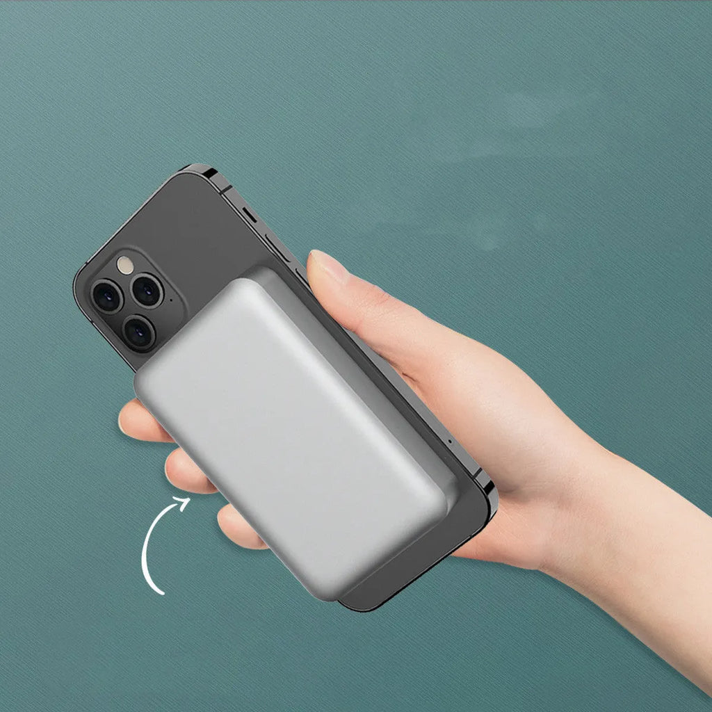Silver aluminium Apple magnetic wireless charging power bank showing dimensions and USB-C port