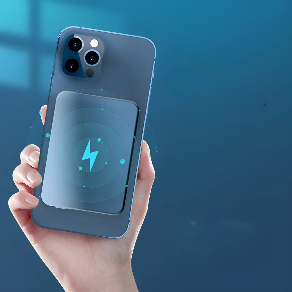 Silver aluminium Apple magnetic wireless charging power bank showing dimensions and USB-C port