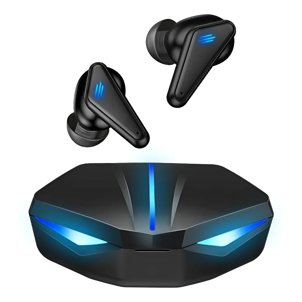 K55 wireless Bluetooth gaming headset earbuds showing earplug design with charging case