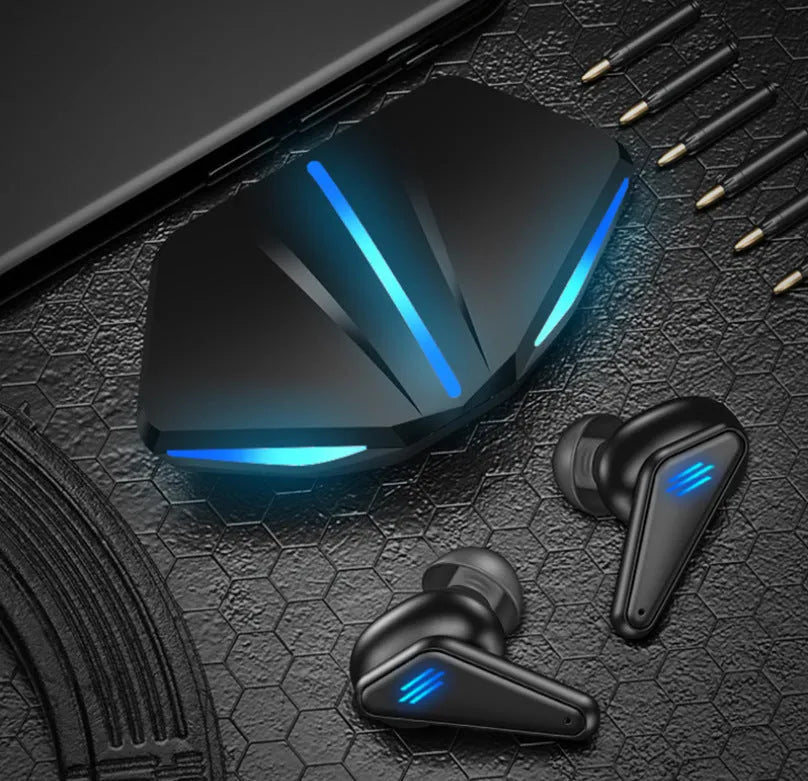 K55 wireless Bluetooth gaming headset earbuds showing earplug design with charging case