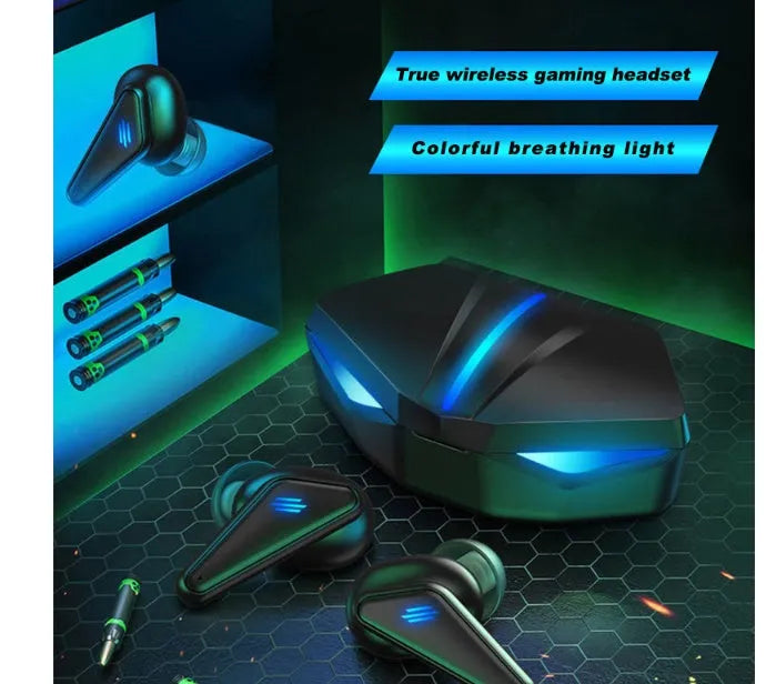 K55 wireless Bluetooth gaming headset earbuds showing earplug design with charging case