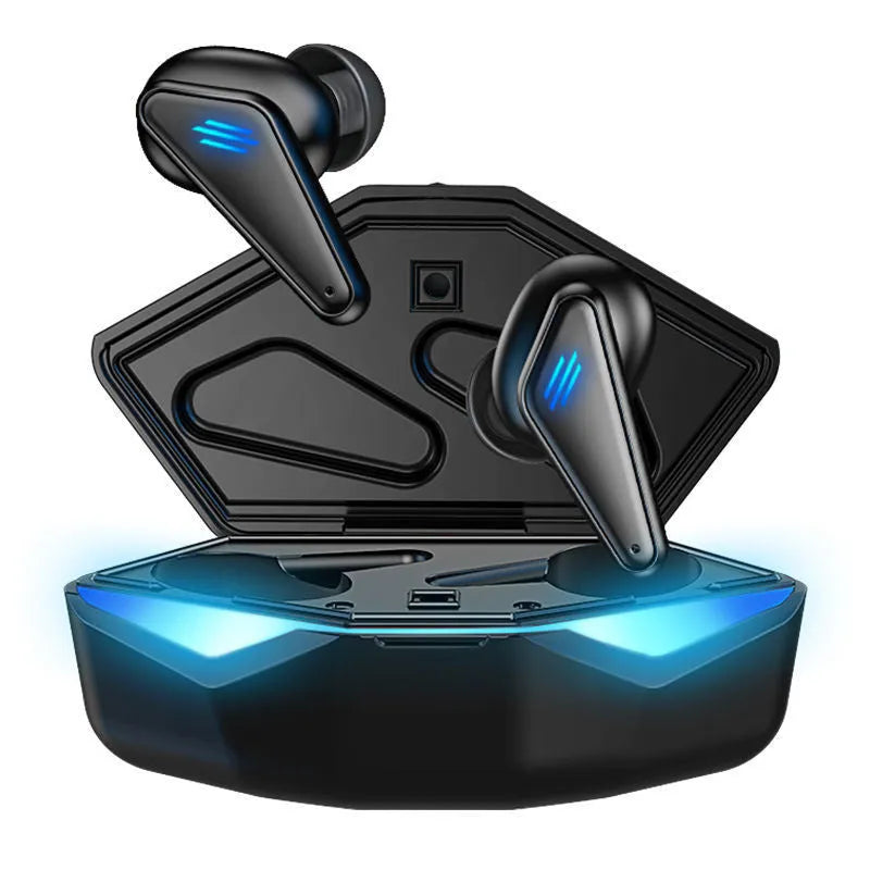 K55 wireless Bluetooth gaming headset earbuds showing earplug design with charging case
