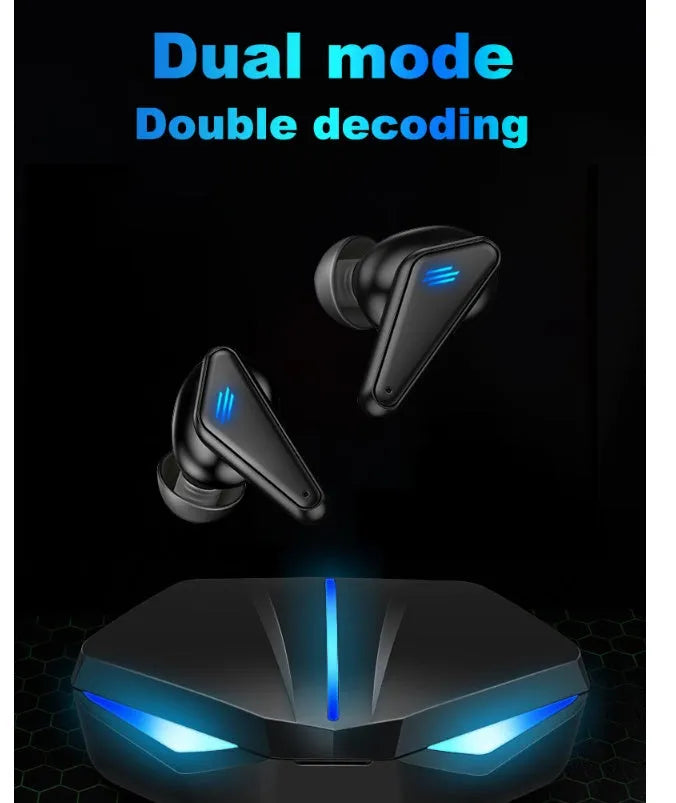 K55 wireless Bluetooth gaming headset earbuds showing earplug design with charging case
