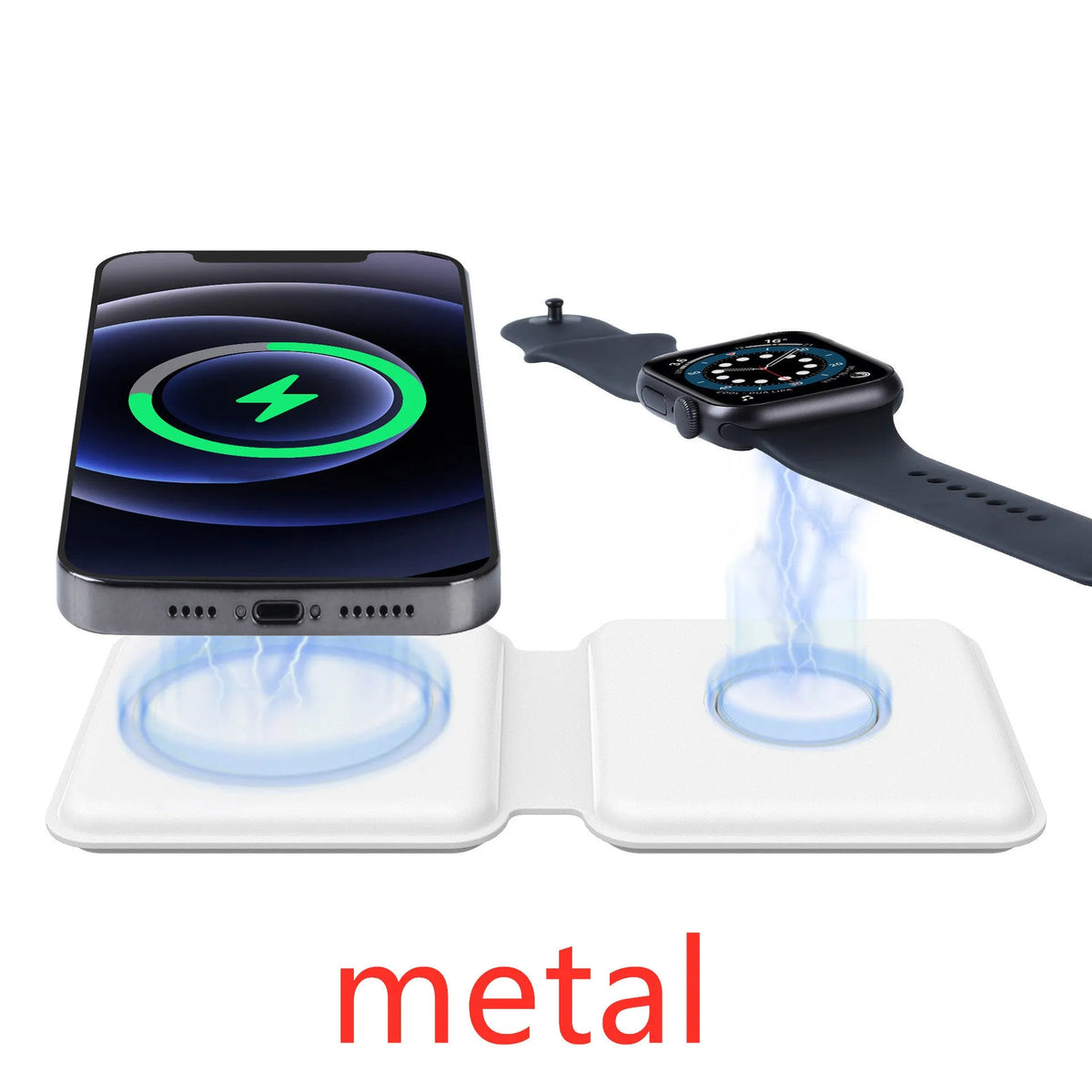 White 2 in 1 magnetic wireless charger with foldable design and dual charging surfaces