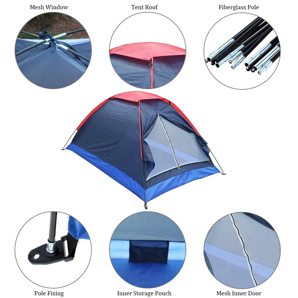 Navy double single-layer camping tent with glass fibre poles, 200x150x110cm, camouflage waterproof design.