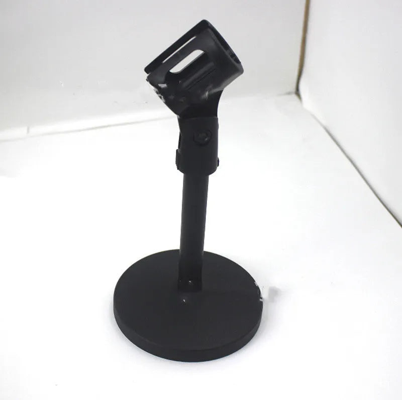 Black steel desktop microphone bracket with triangular base and plastic clip