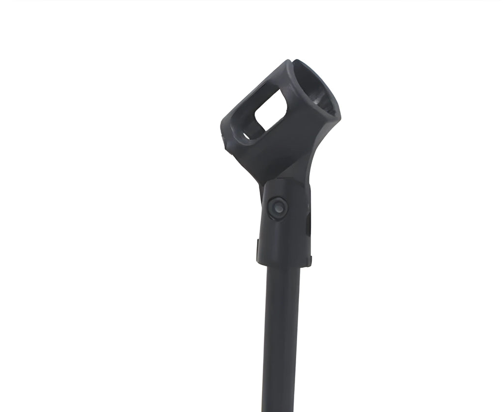 Black steel desktop microphone bracket with triangular base and plastic clip