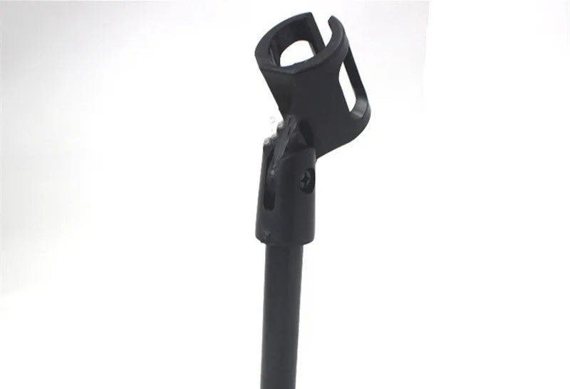 Black steel desktop microphone bracket with triangular base and plastic clip