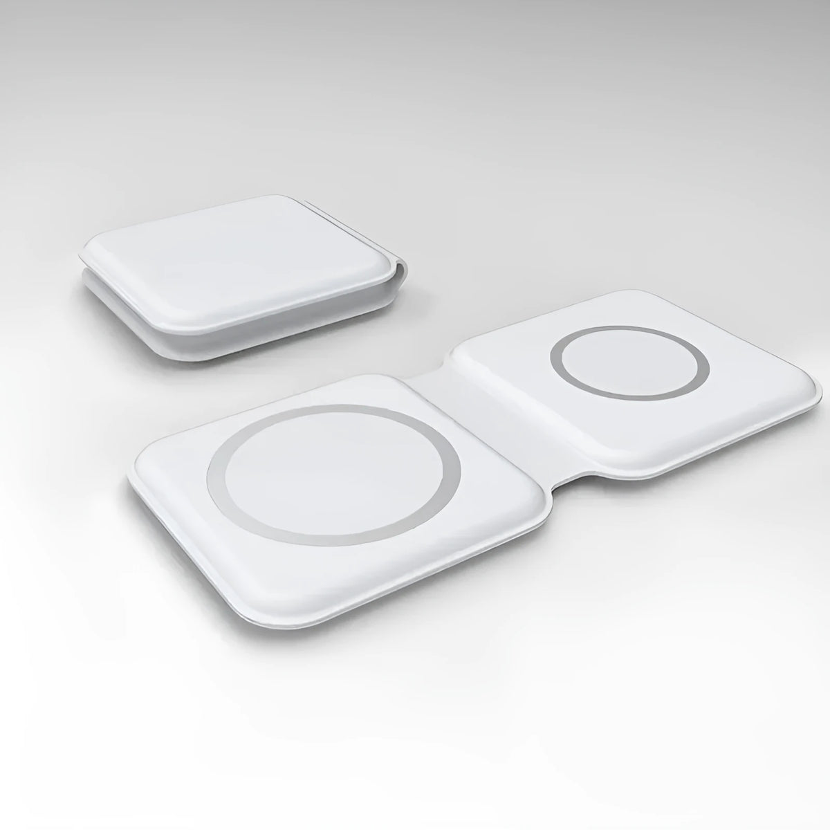 White 2 in 1 magnetic wireless charger with foldable design and dual charging surfaces