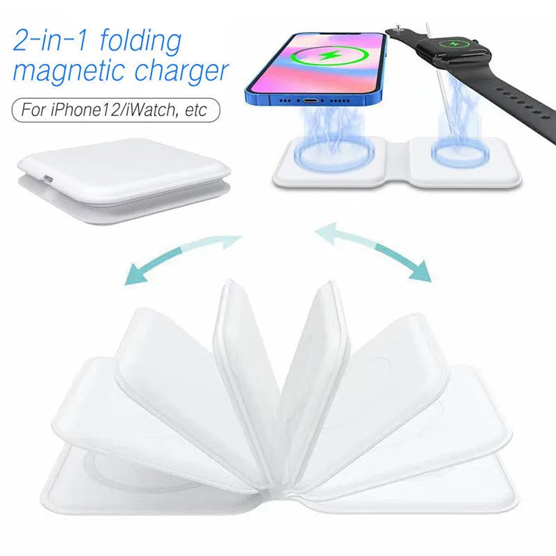 White 2 in 1 magnetic wireless charger with foldable design and dual charging surfaces