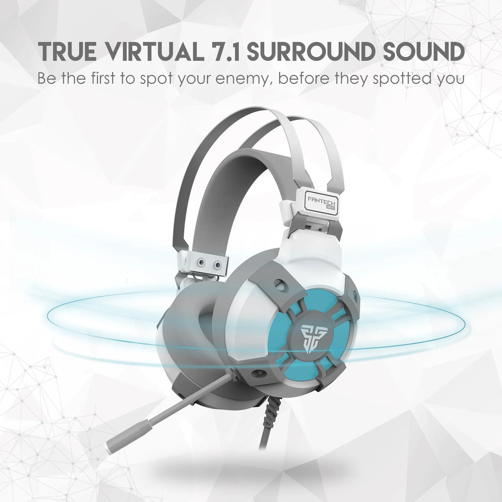 Black FANTECH HG11 USB gaming headset with large ear cups, RGB lighting, and a 2.1m cable with inline remote control.