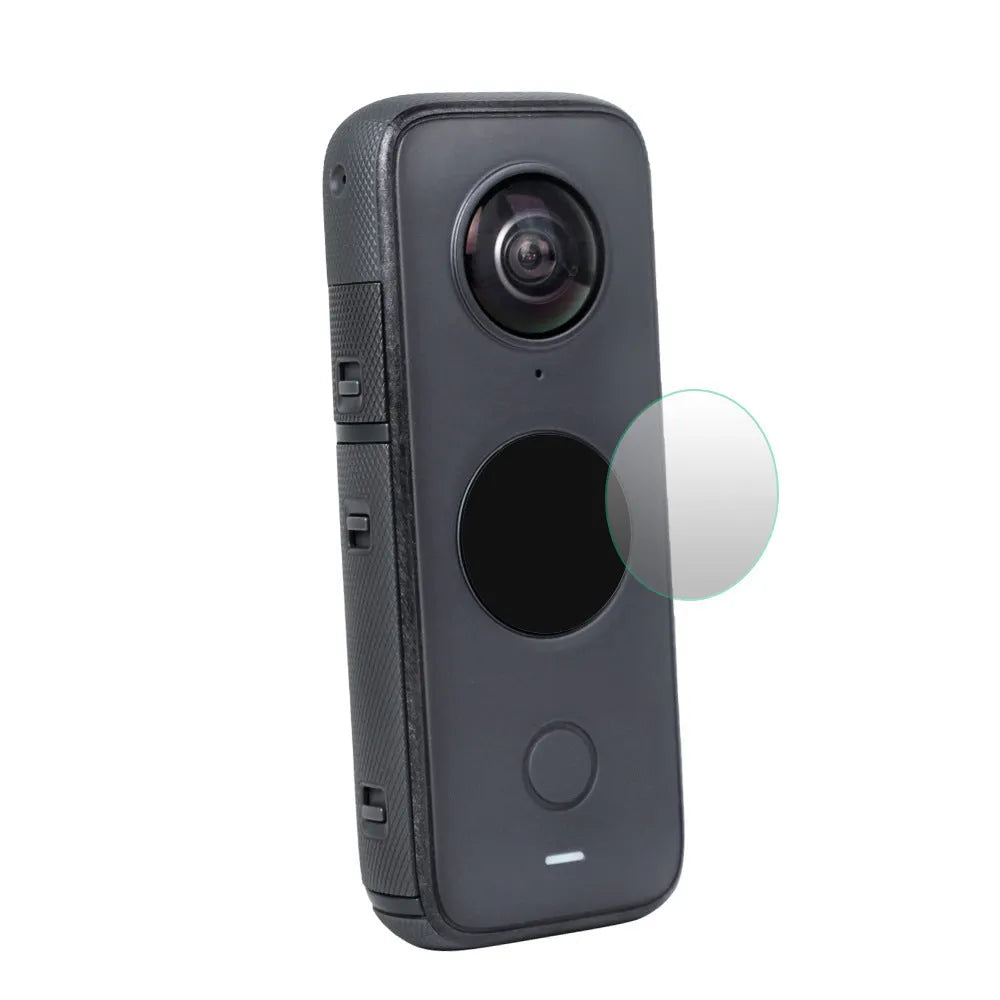 Black tempered glass screen protector for Insta360 One X2 camera showing HD clarity and precise cut dimensions